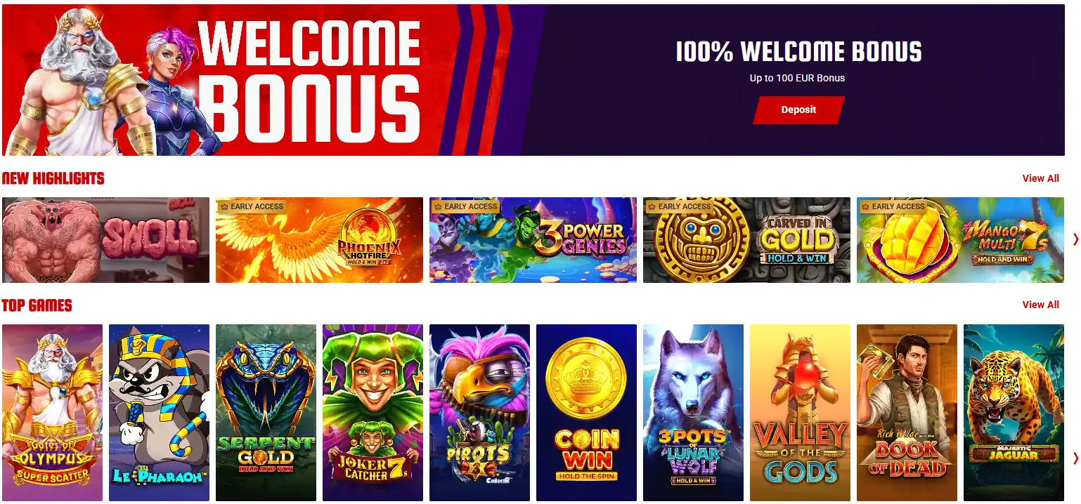 55Bet welkomstbonusbanner en uitgelichte casinospellen.